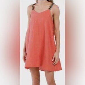 Cynthia Rowley 100% Linen Tank Dress Womens L/G Coral Sleeveless Shift Sundress